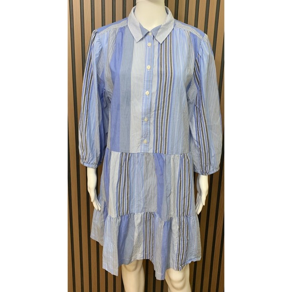 GAP Dresses & Skirts - Gap Blue Mixed Stripe Tiered Shirt Dress Cotton L 3/4 Sleeve Casual Mini